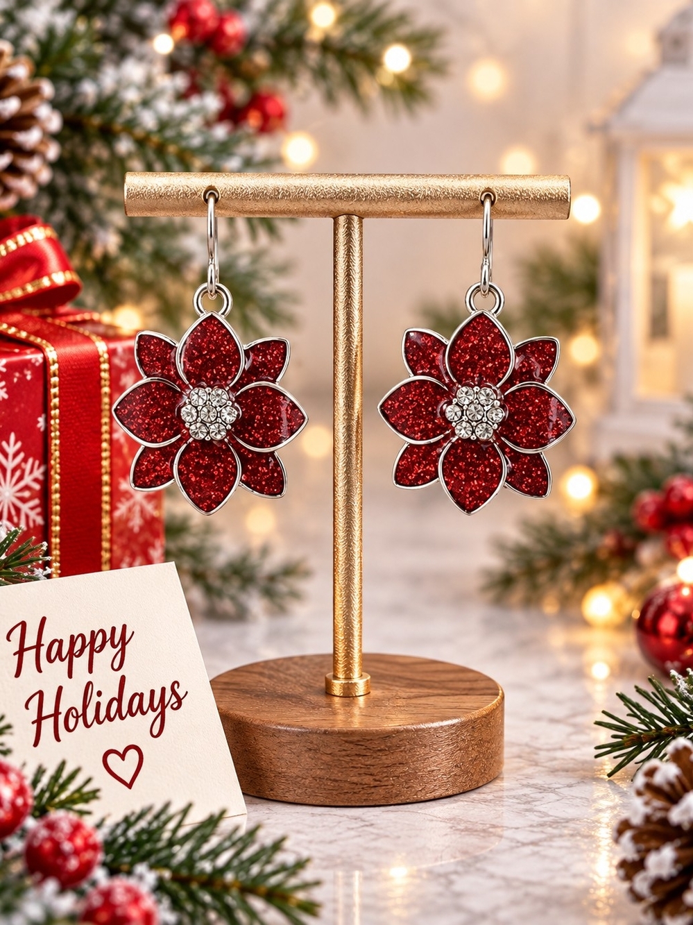 Holiday Red Poinsettia Drop Earrings with Sparkling Centers